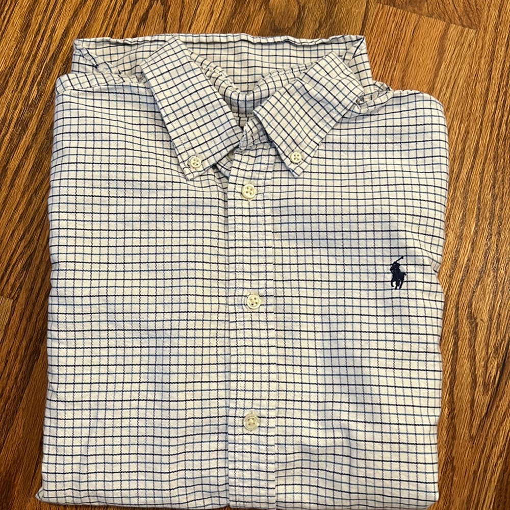 Ralph Lauren button down blue, white checked dress shirt (sz. 16)
